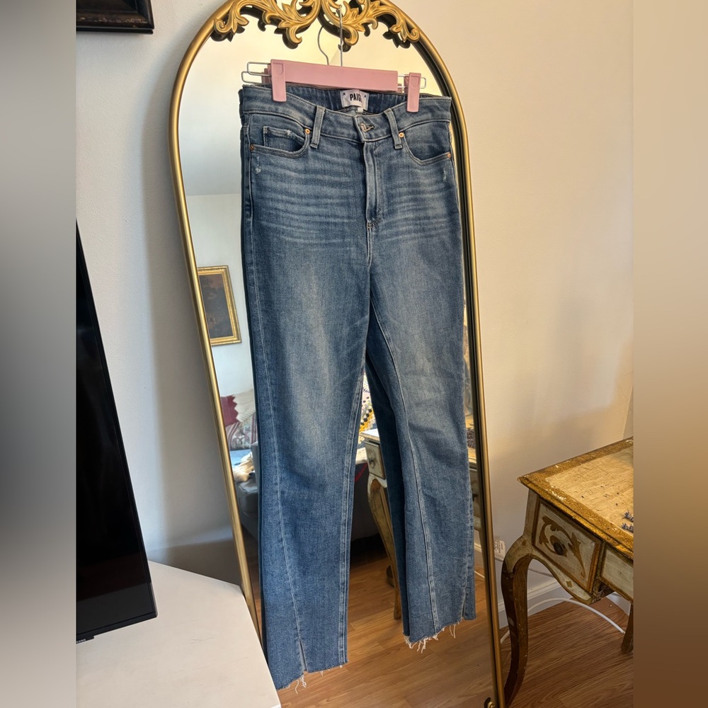 PAIGE Hoxton Slim Straight Leg Jeans Raw Split Hem SZ 27